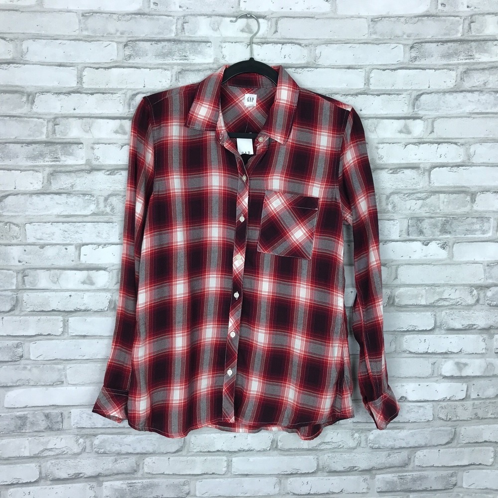 Gap Top Womens Small Red Plaid Shirt Button Up Long Sleeve Collar Pocket‎ Drapey